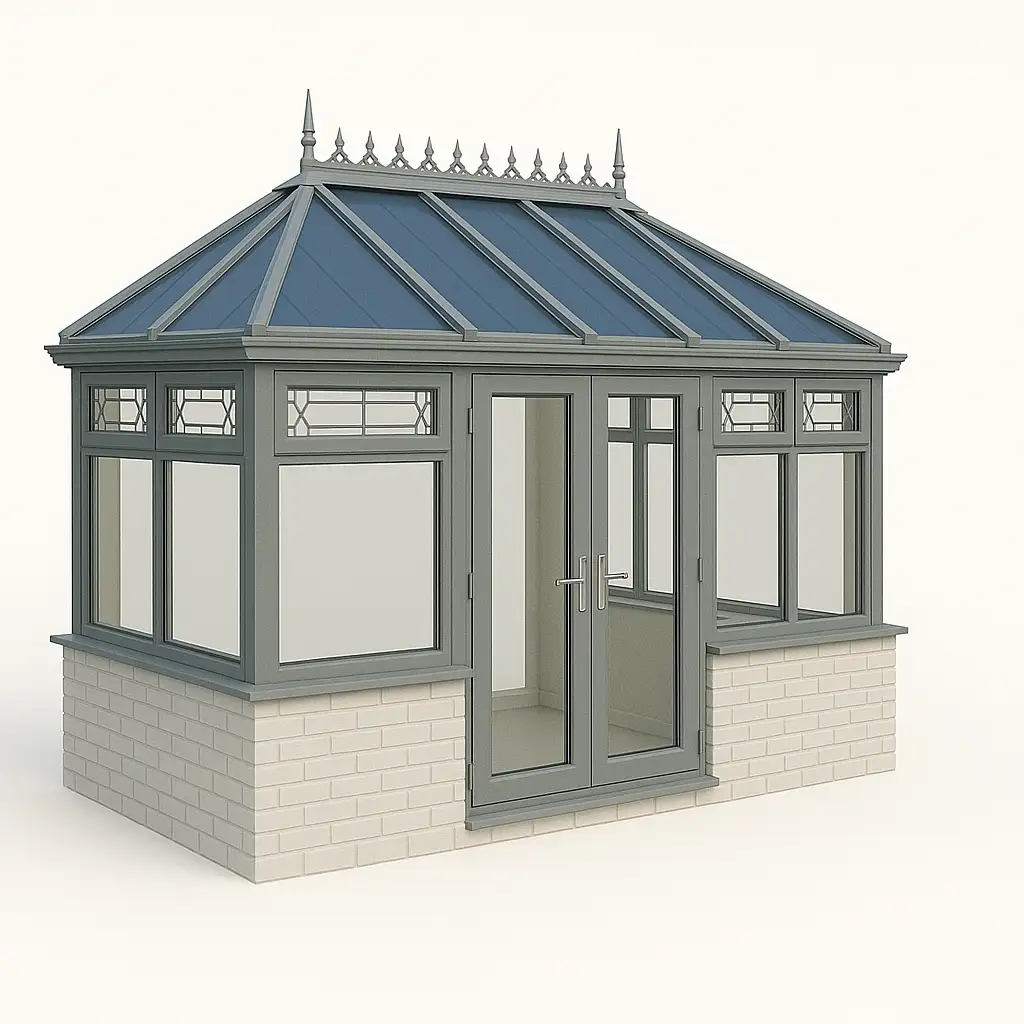 Victorian Conservatory (Grey Frame with Decorative Glass and Light Brick Base)